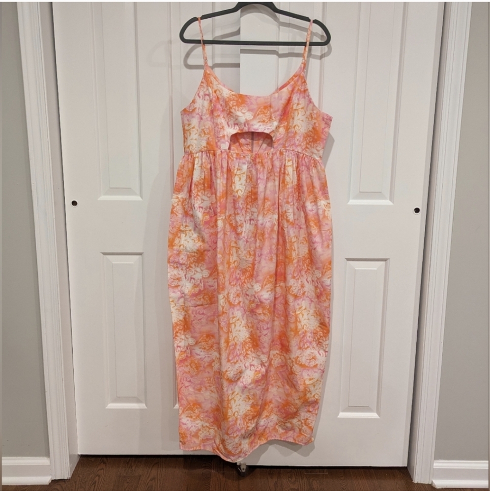 Topshop Dress 14 Pink Orange Sleeveless Maxi Midi Cutout Poplin - Picture 1 of 12